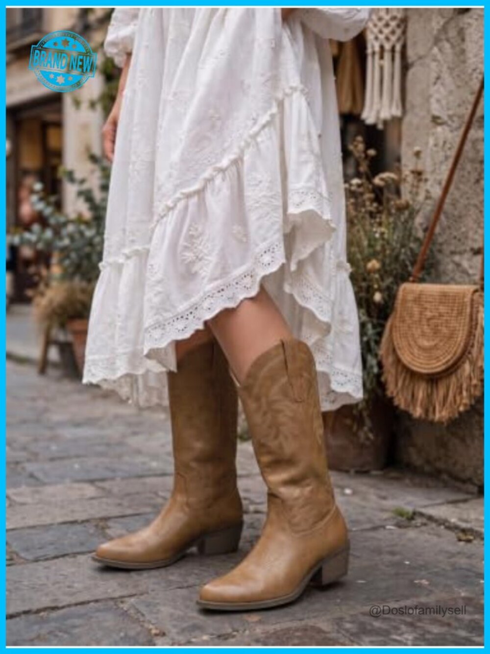 Womens Mid Calf Western Cowboy Boots Faux Leather Embroidered Chunky Heel - Picture 2 of 6